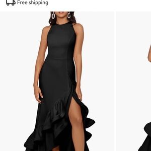 Betsy & Adam Ruffle Halter Crepe Gown